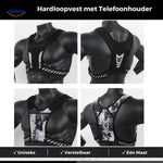 Unisex adjustable reflective running vest with secure phone holder and breathable fit.