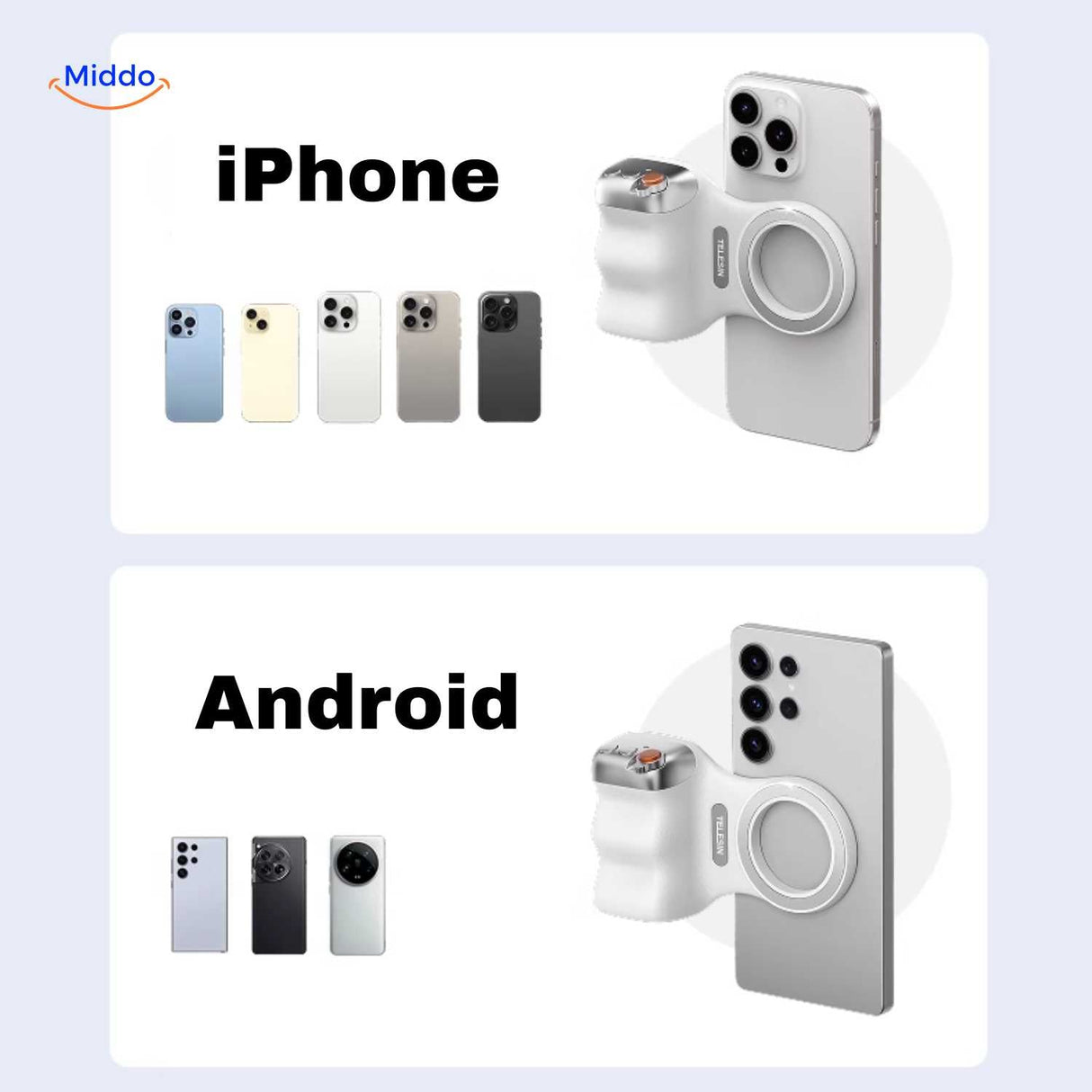 Universal phone grip works with both iPhone and Android devices.