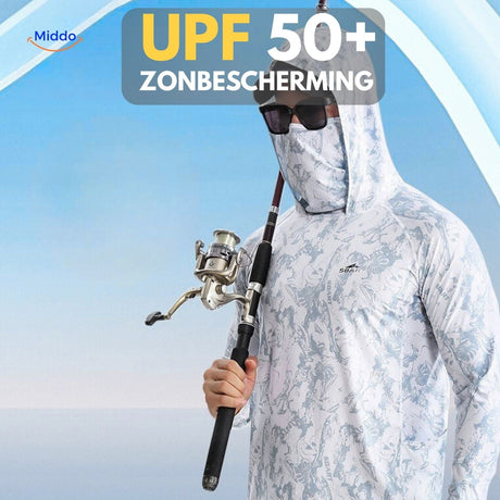UPF50+ fishing hoodie worn by angler outdoors, showing full coverage sun protection