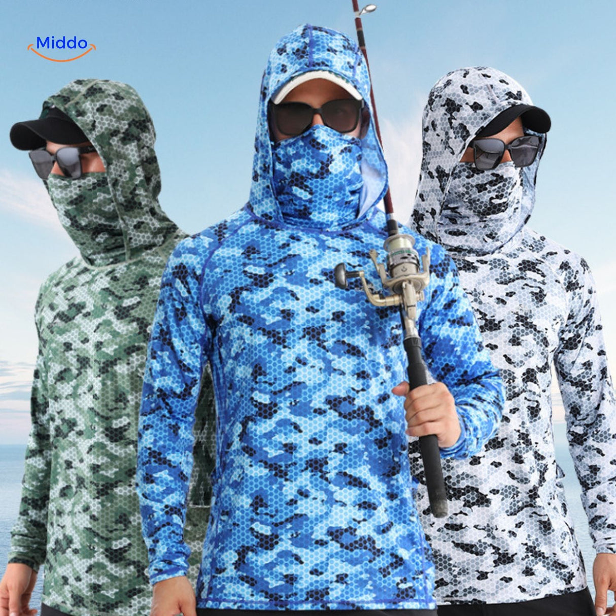 UPF50+ sun protection shirt in blue-green honeycomb print, front view on white background