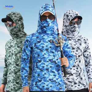 UPF50+ sun protection shirt in blue-green honeycomb print, front view on white background