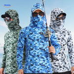 UPF50+ sun protection shirt in blue-green honeycomb print, front view on white background
