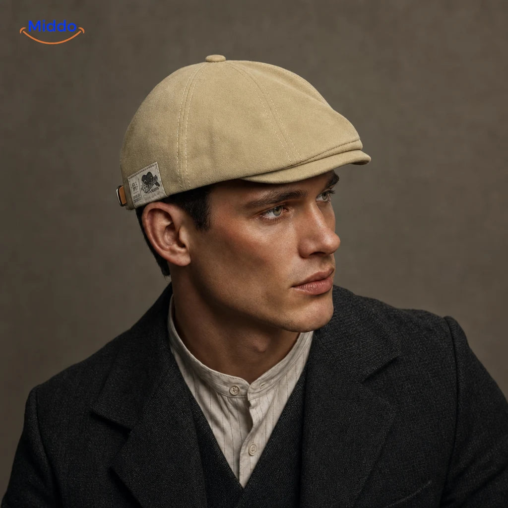 Urban Heritage Flat Cap™ | Timeless Sophistication in Beige, worn by a model