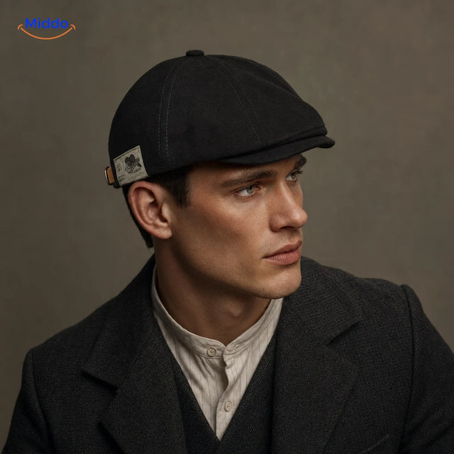 Urban Heritage Flat Cap™ | Timeless Sophistication in Black, worn by a model