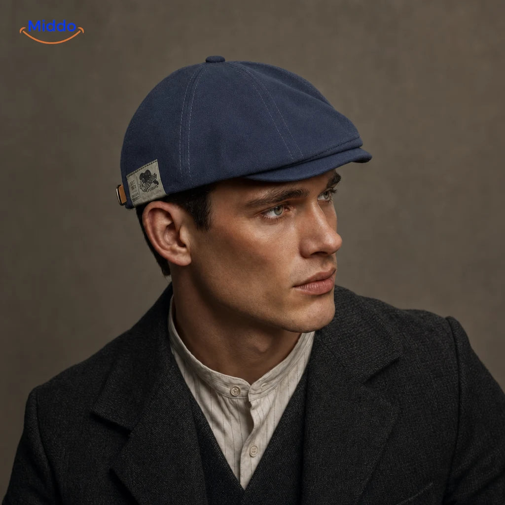 Urban Heritage Flat Cap™ | Timeless Sophistication in Blue, worn by a model