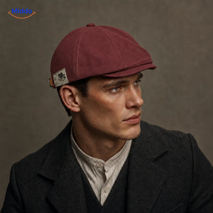 Urban Heritage Flat Cap™ | Timeless Sophistication in Red, worn by a model