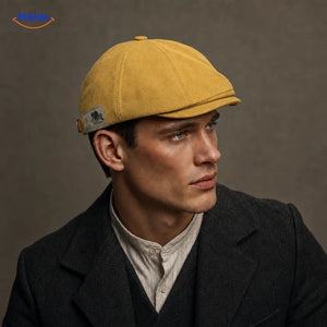 Urban Heritage Flat Cap™ | Timeless Sophistication in Yellow, worn by a model