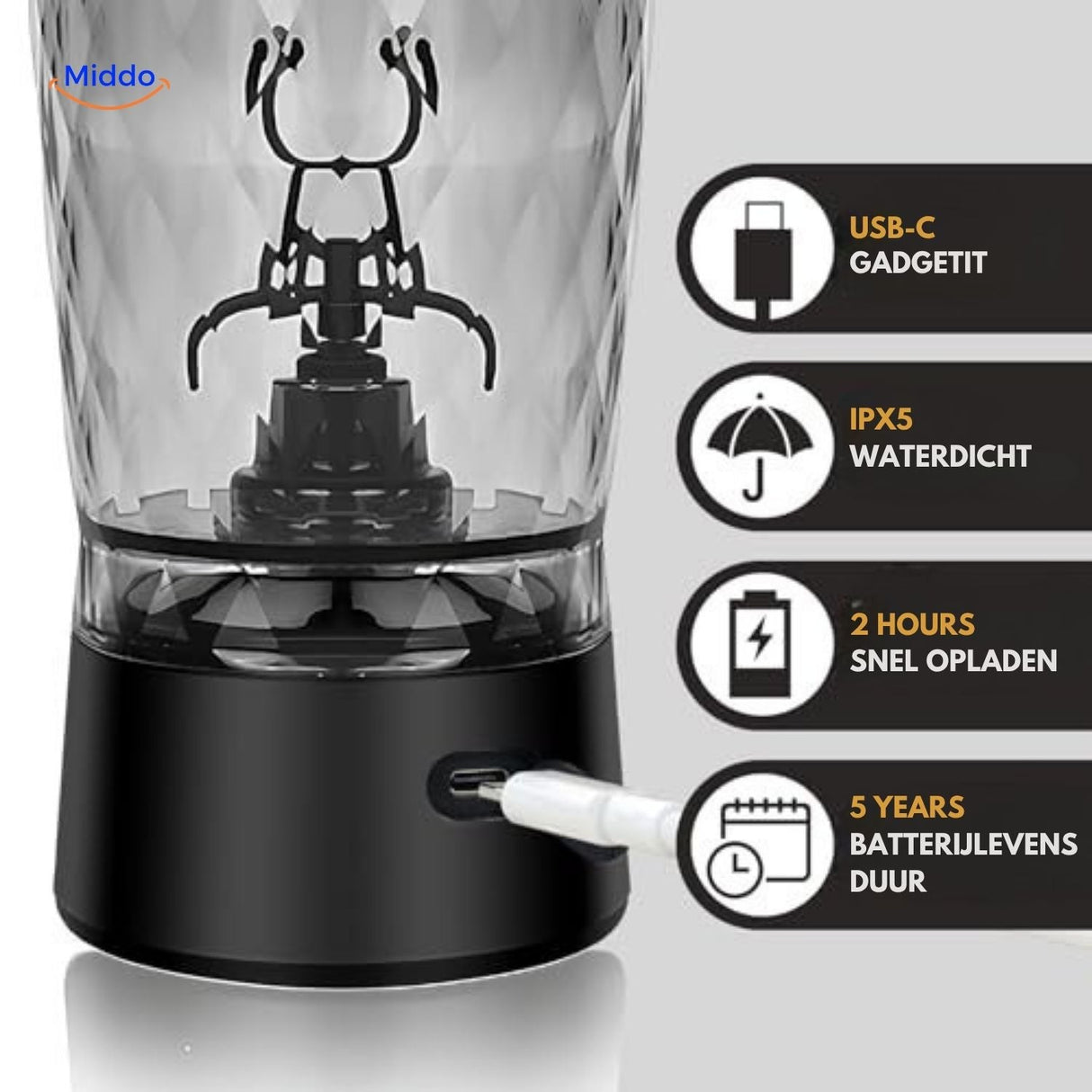 USB-C rechargeable electric shaker bottle with fast charging capability.