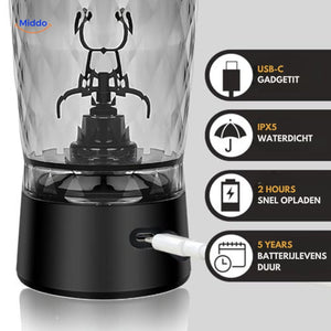 USB-C rechargeable electric shaker bottle with fast charging capability.