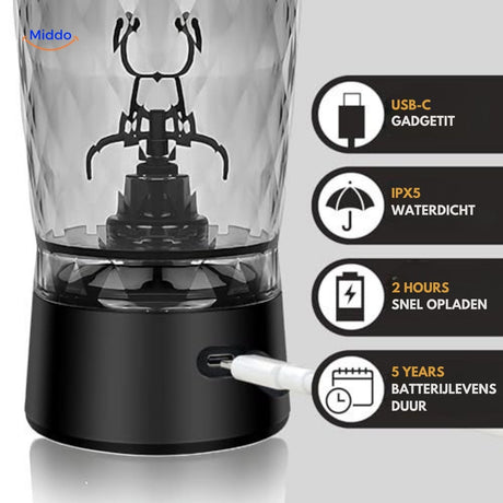 USB-C rechargeable electric shaker bottle with fast charging capability.