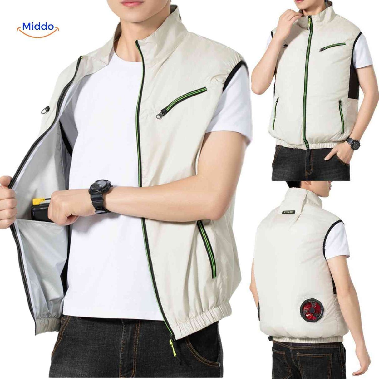 Sleeveless cooling vest with USB-powered dual fans and breathable fabric technology.