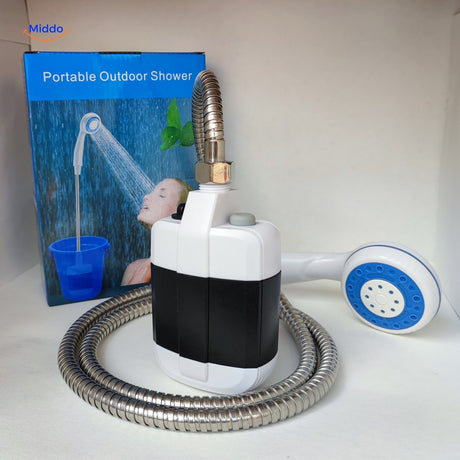 Portable electric shower ideal for camping trips, travel, and outdoor adventures.