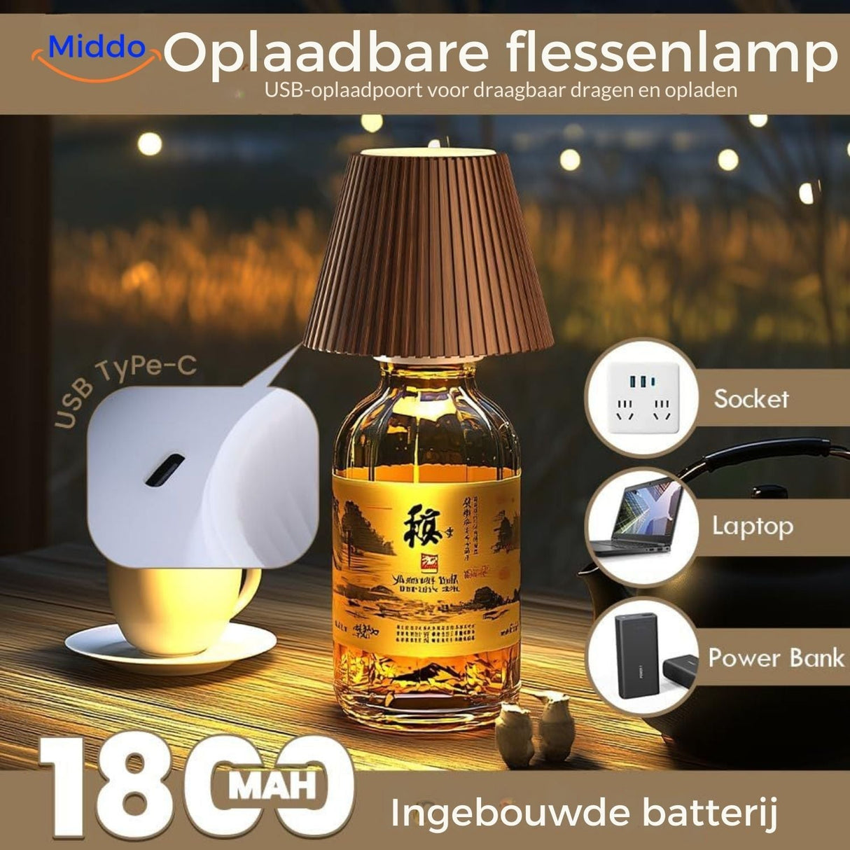 USB rechargeable bottle lamp featuring long battery life and touch control.