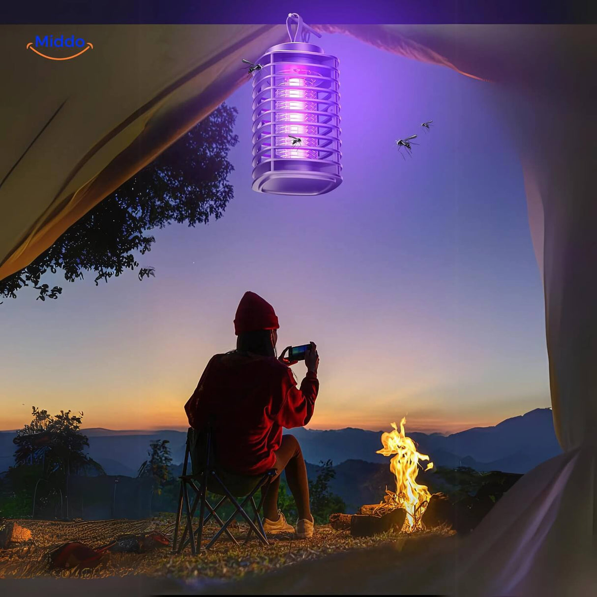 Portable USB-rechargeable UV insect lamp designed for indoor and outdoor use.