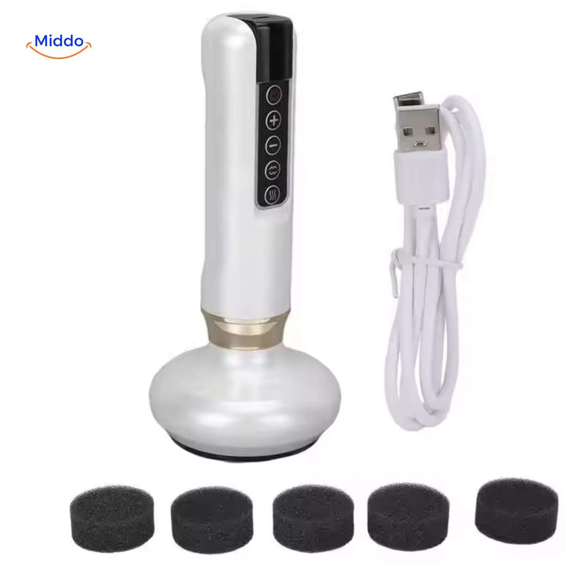White USB-rechargeable electric gua sha massager with cordless portability.