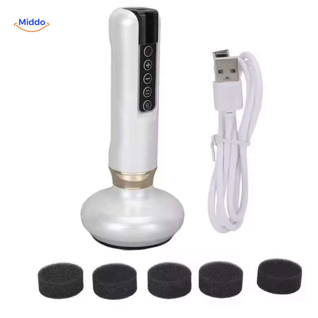 White USB-rechargeable electric gua sha massager with cordless portability.