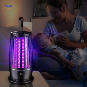 Electric UV insect trap in action in bedroom for chemical-free pest control.