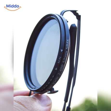 Detailed close-up of adjustable UV filter lens for light reduction.