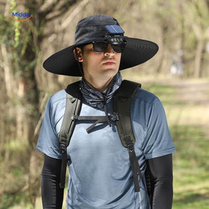 UV-protective sun hat with solar fan cooling feature for outdoor activities.