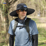 UV-protective sun hat with solar fan cooling feature for outdoor activities.