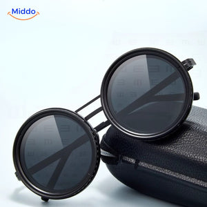 UV protection sunglasses displayed with included protective carrying case.