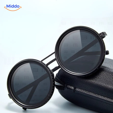 UV protection sunglasses displayed with included protective carrying case.