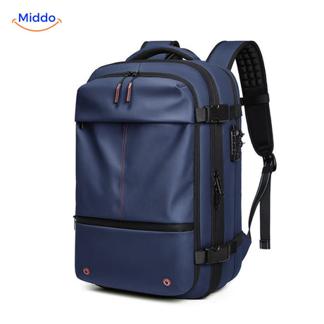 VacuPro travel backpack in navy blue with water-repellent protection.