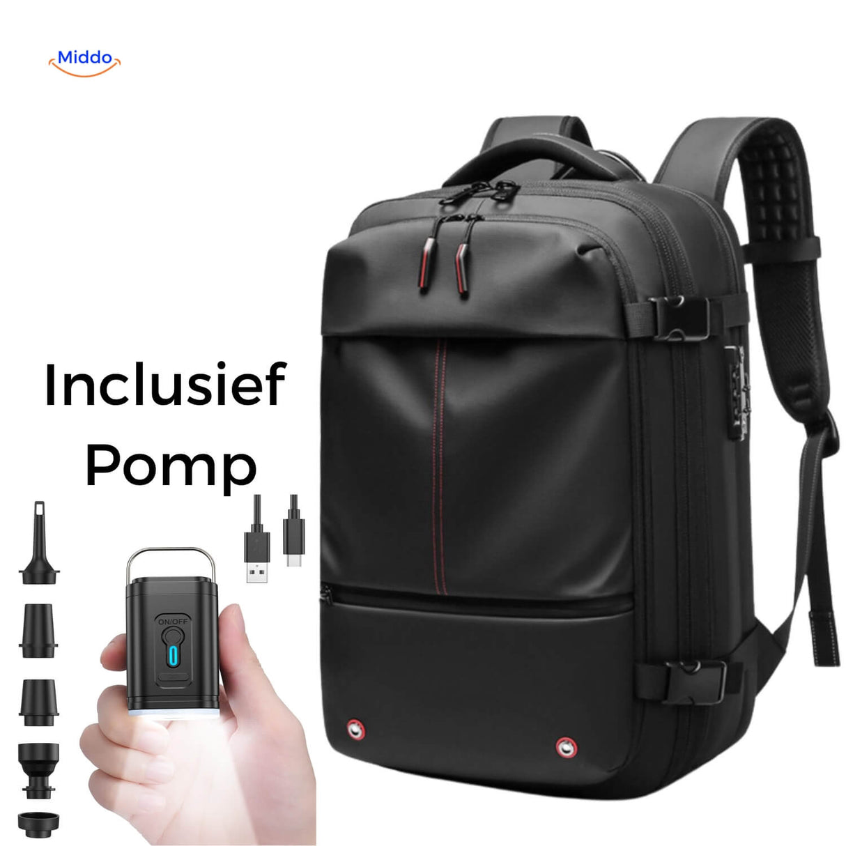 VacuPro travel bag with included black manual vacuum compression pump.
