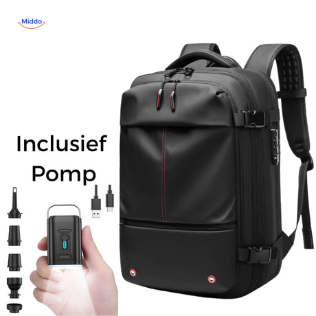 VacuPro travel bag with included black manual vacuum compression pump.