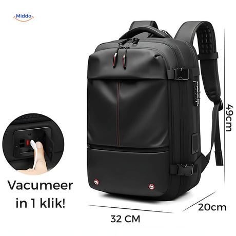 VacuPro travel bag featuring integrated vacuum compression pump system.
