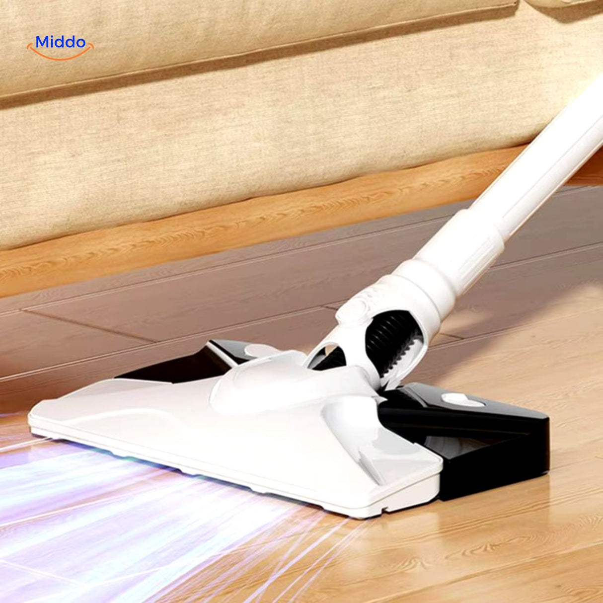 MopVac Pro sterilizing and vacuuming floors with integrated blue light.