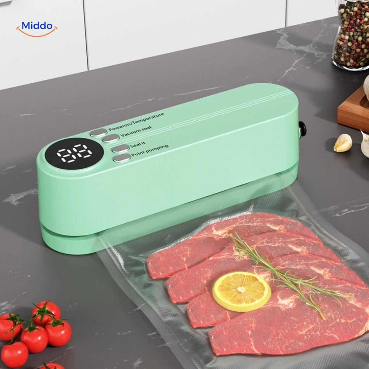 FoodSeal cordless vacuum sealer with digital display sealing fresh meat.