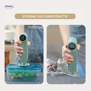 Cordless sealer with external extraction function for storage containers.