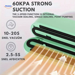 Vacuum sealer with powerful suction and rapid heat-seal technology.