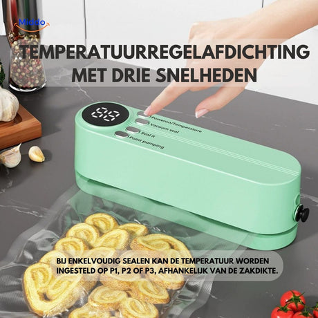 FoodSeal sealer featuring adjustable temperature with three speed settings.