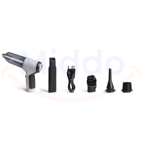 VacuumX PRO handheld vacuum with included brush attachments and accessories.