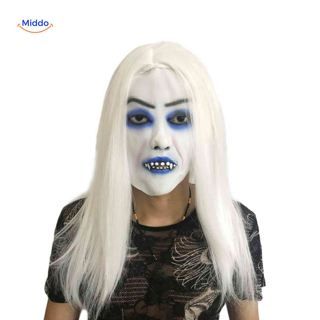 Cold spooky vampire mask with blue shadow effect for supernatural look.