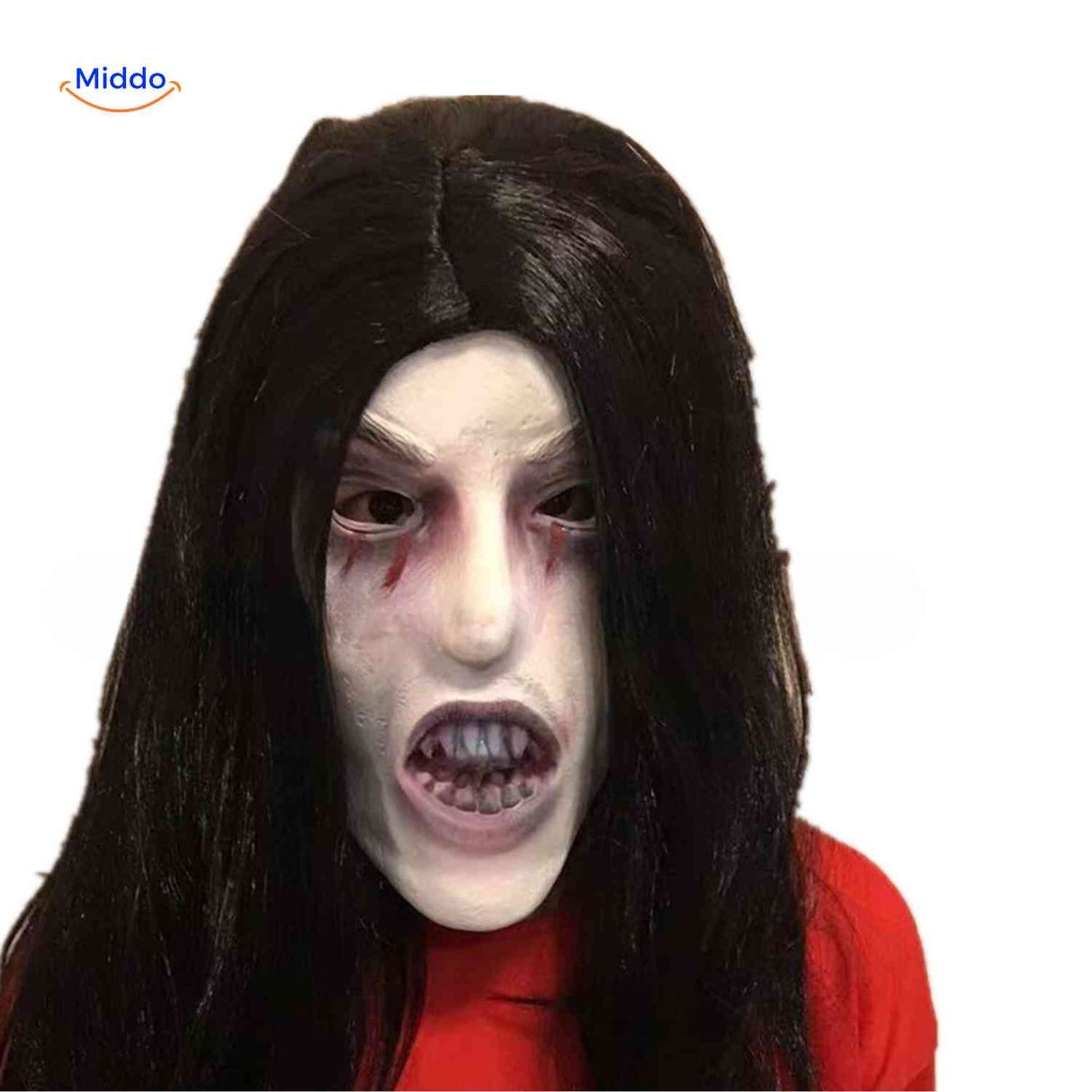 Scary pale vampire mask with bloody eyes and dark menacing look.