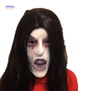 Scary pale vampire mask with bloody eyes and dark menacing look.