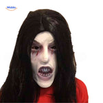 Scary pale vampire mask with bloody eyes and dark menacing look.