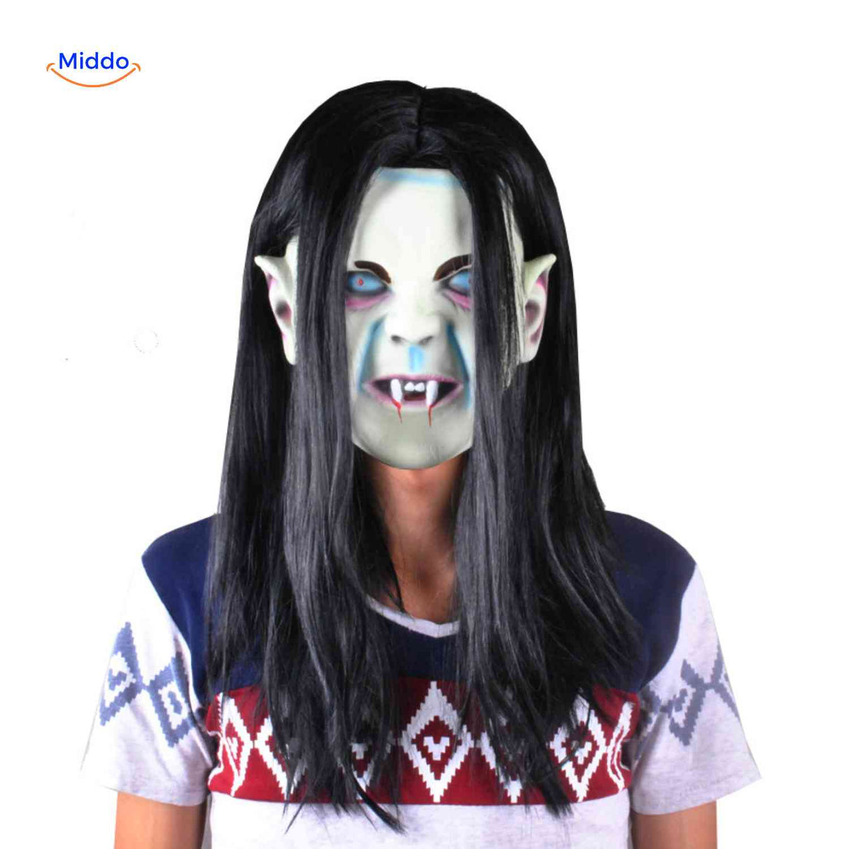 Creepy vampire mask with snake-like hair and white skin complexion.