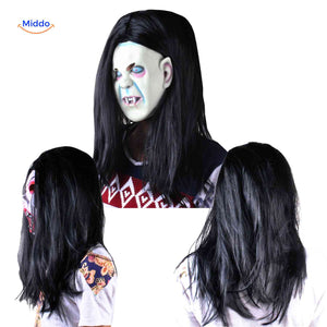 Vampire mask shown in three-side view with black hair detail.