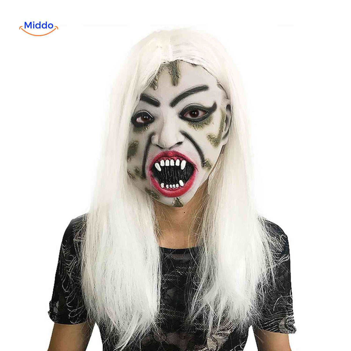 Horror vampire mask with white hair and monstrous teeth design.