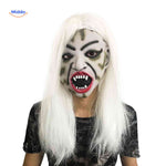 Horror vampire mask with white hair and monstrous teeth design.