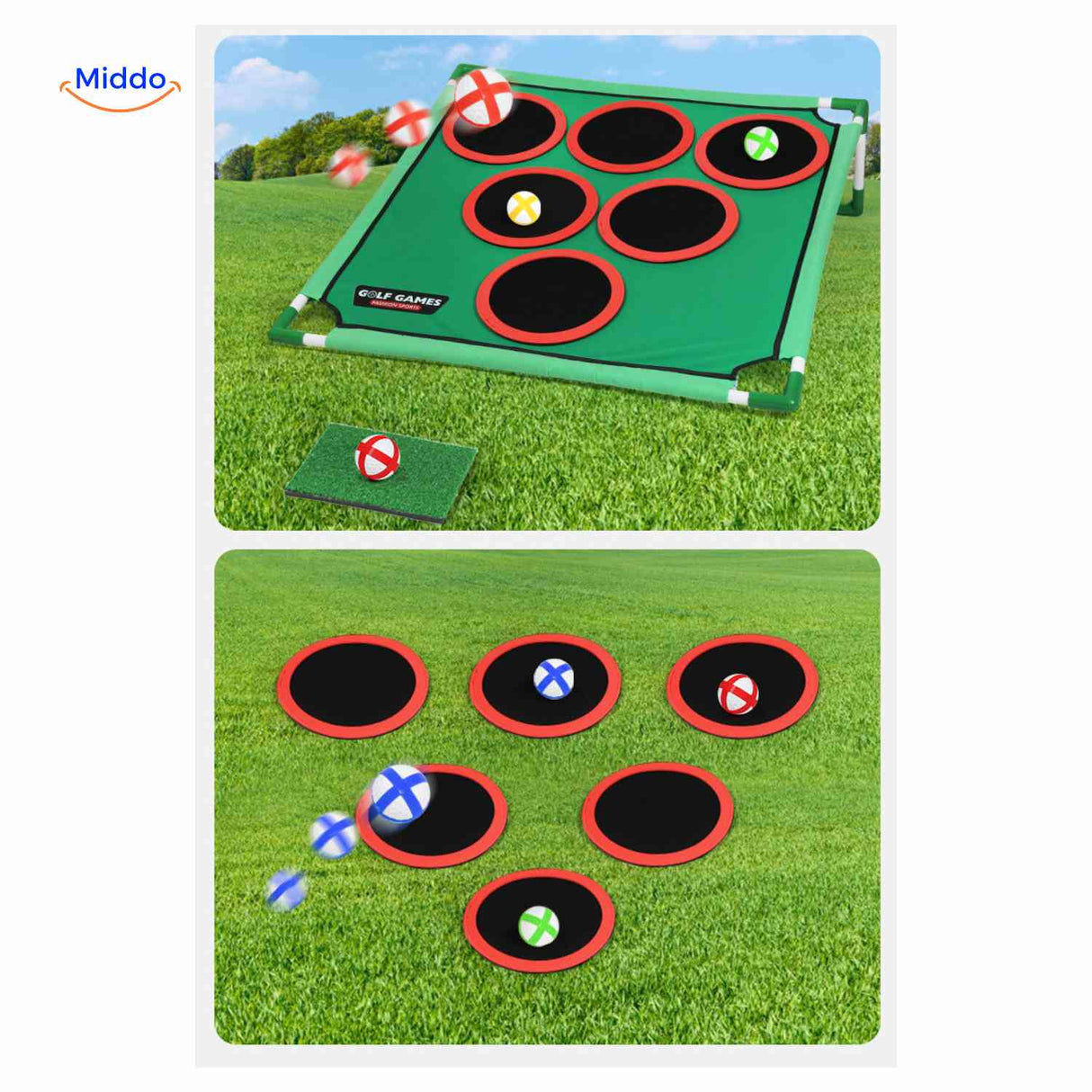 Velcro target shooting feature for golf chipping game play.