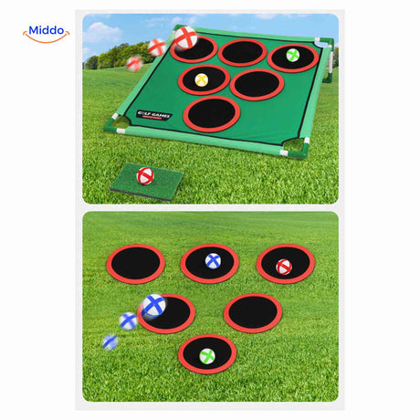 Velcro target shooting feature for golf chipping game play.