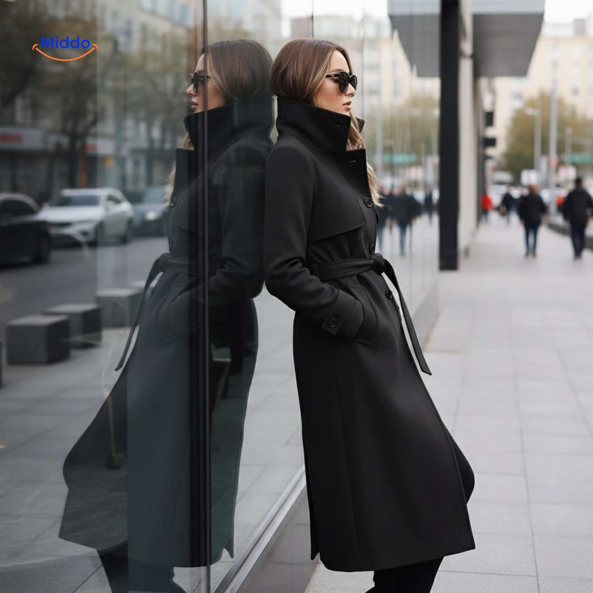 Black Veloura button-front coat with belt and button closure detail.