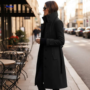 Black Veloura button-front coat with high collar elegant design.