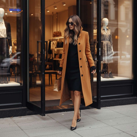 Woman wearing elegant button-front Veloura coat leaving boutique store.