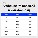 Veloura button-front coat size chart with chest and length measurements.